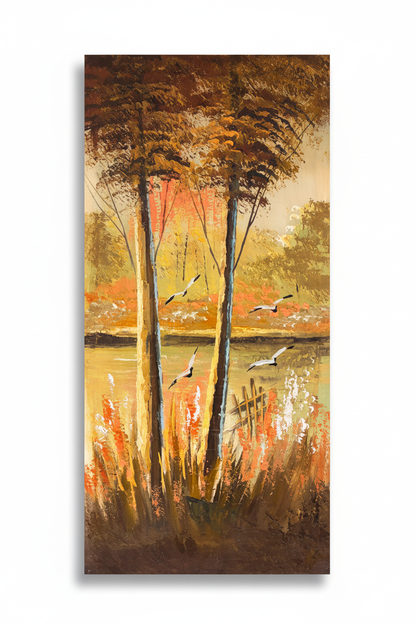 Original autumn wetland oil painting isolated on white background with soft drop shadow, no frame