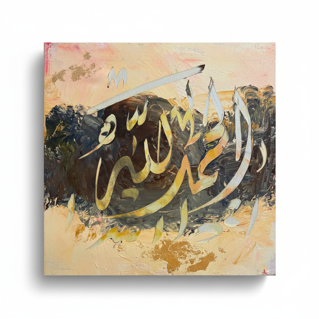 Alhamdulillah peach gold calligraphy canvas isolated on white background with soft drop shadow
