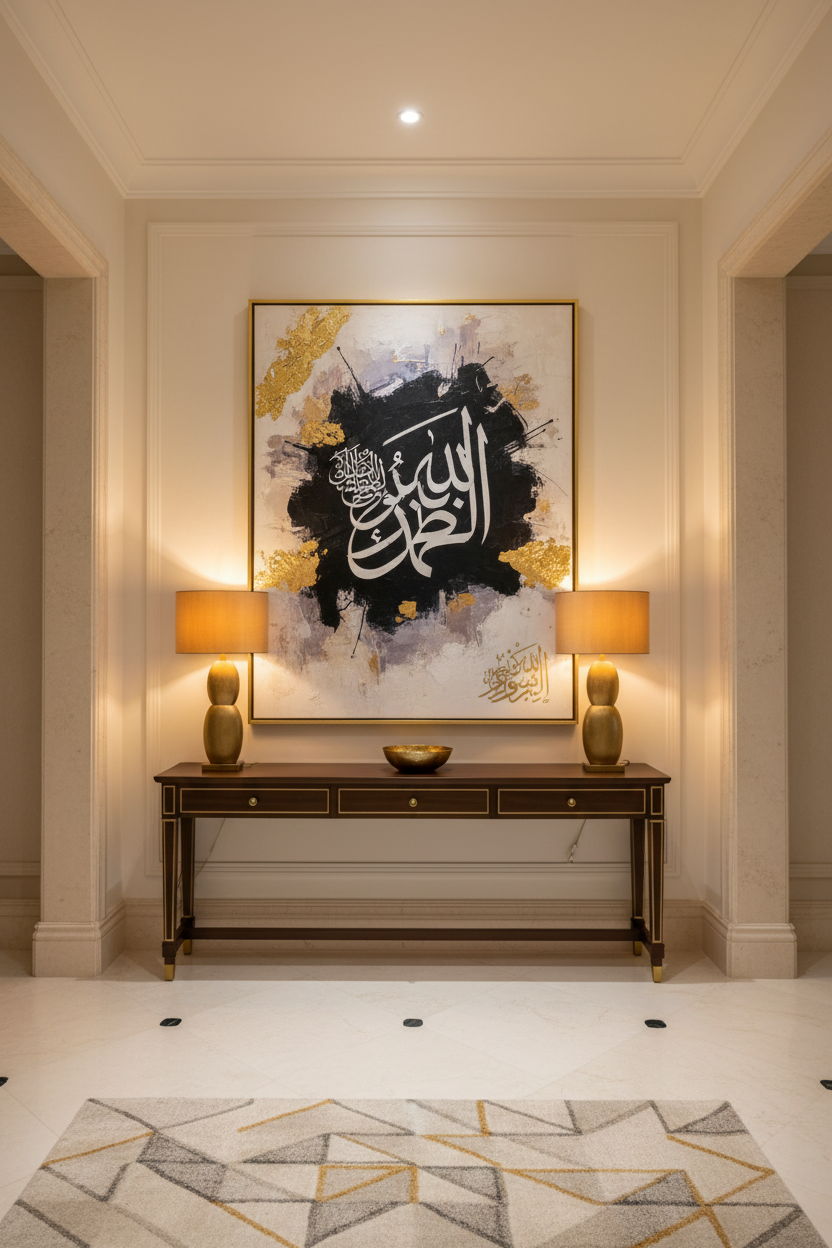 Arabic calligraphy canvas art displayed in elegant hallway