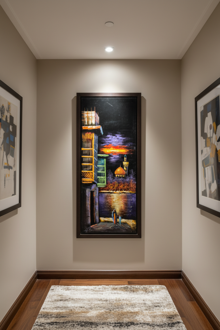 Middle Eastern nocturnal painting displayed in elegant hallway interior