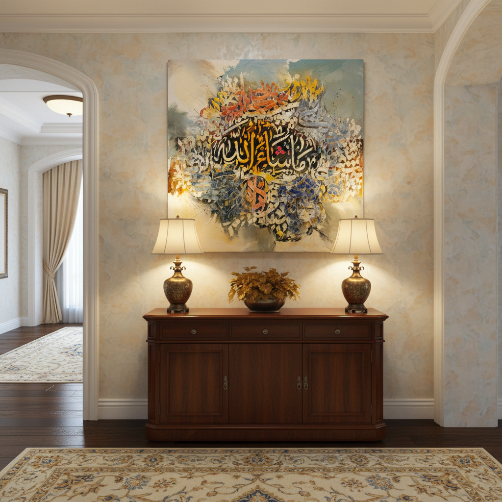 Frameless square Arabic calligraphy canvas art displayed in elegant hallway
