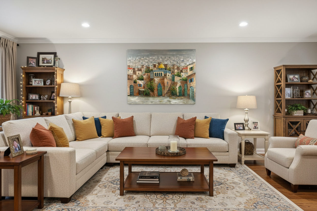 Jerusalem Old City painting displayed in family room lifestyle setting