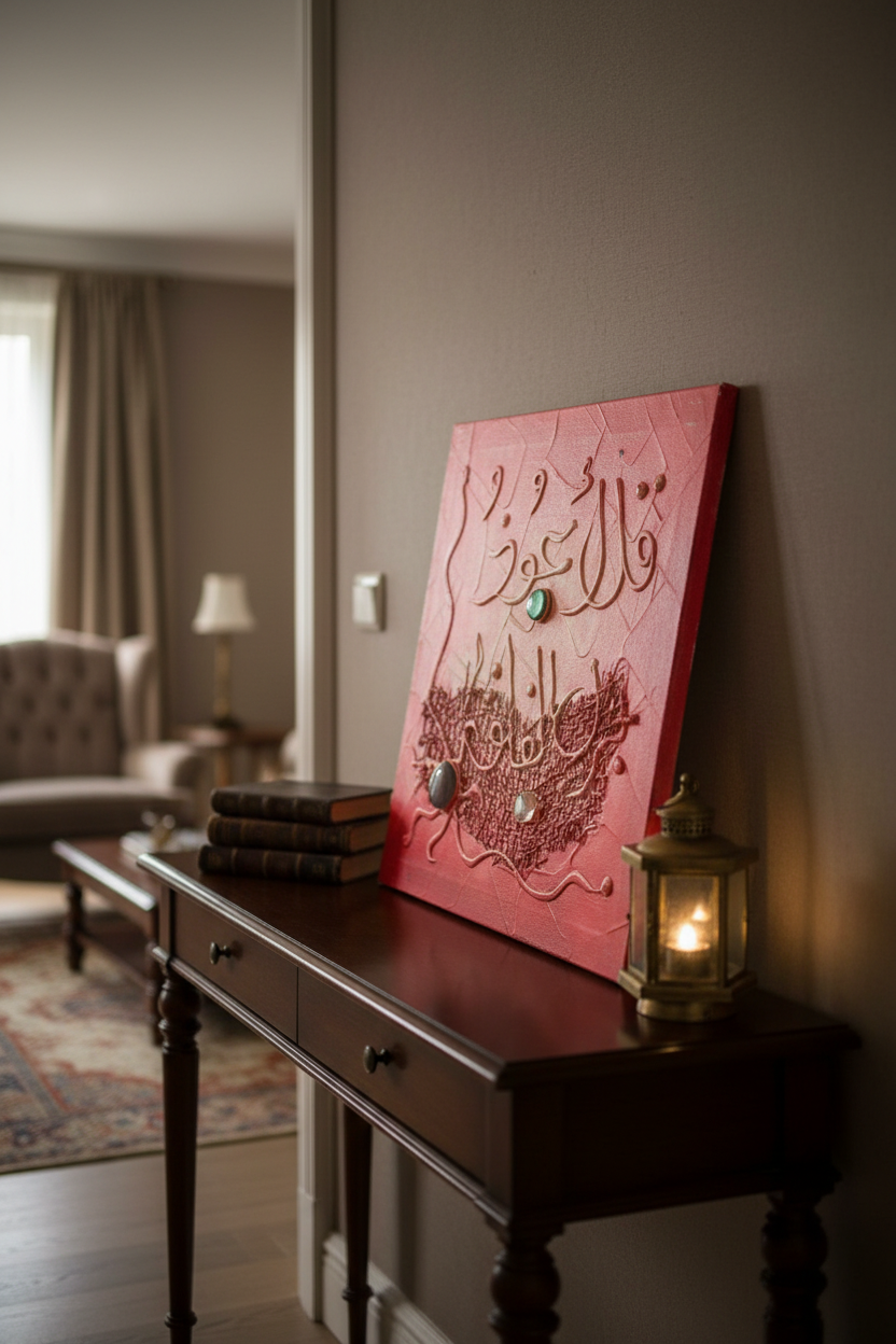 Islamic calligraphy crimson red wall art displayed on wooden console stand