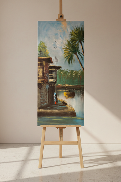 Original oil painting displayed on a wooden easel art stand in a studio setting – no frame