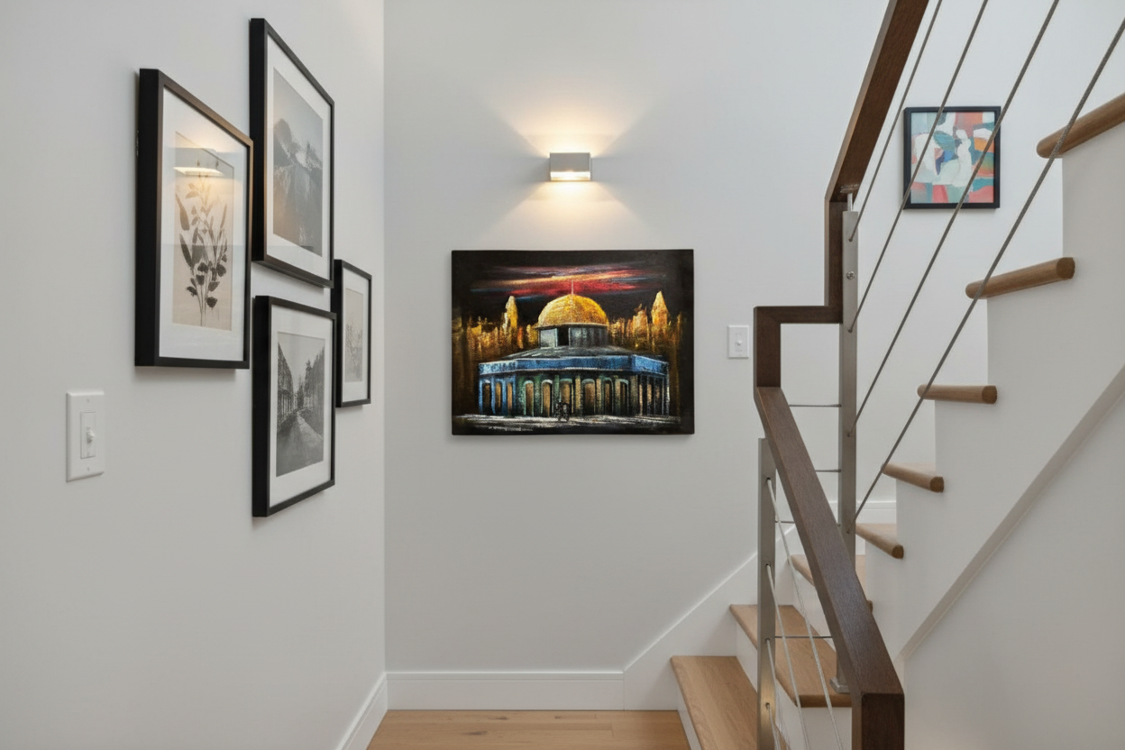 Dome of the Rock panorama night canvas art displayed on staircase gallery wall in modern home lifestyle photo