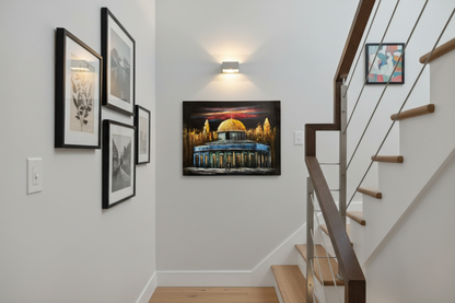 Dome of the Rock panorama night canvas art displayed on staircase gallery wall in modern home lifestyle photo