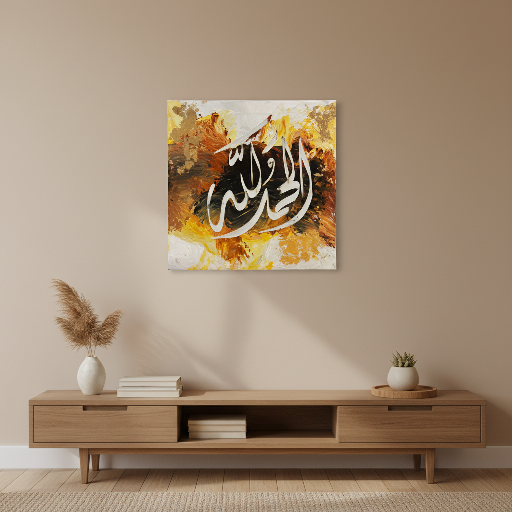 Alhamdulillah golden amber calligraphy canvas displayed above a wooden console stand in a warm modern interior