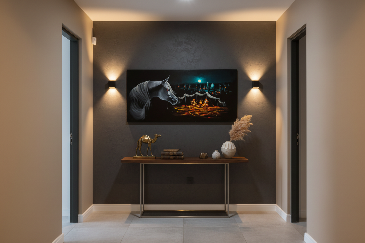 Arabian horse desert night scene canvas wall art displayed in elegant hallway