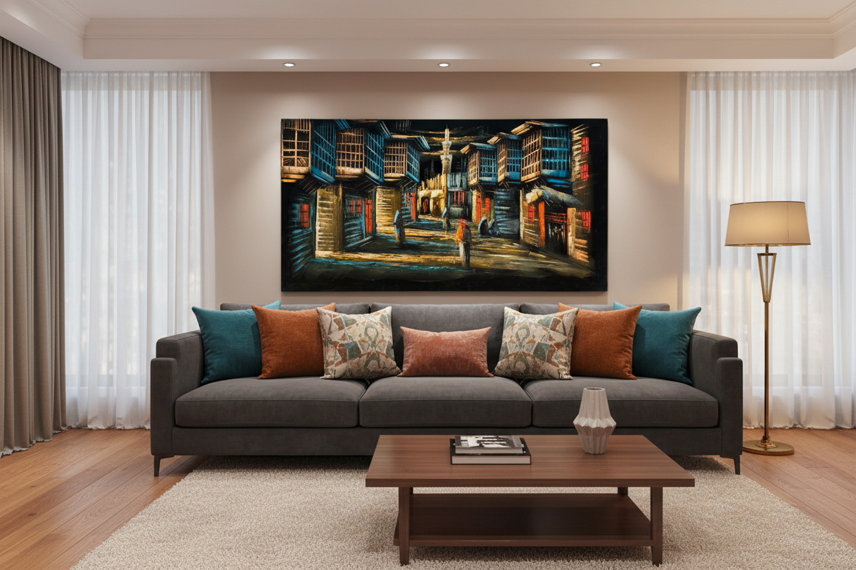Iraqi old town alleyway night scene canvas wall art displayed in modern living room above sofa