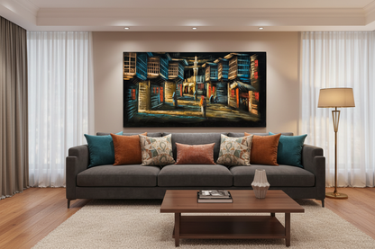 Iraqi old town alleyway night scene canvas wall art displayed in modern living room above sofa