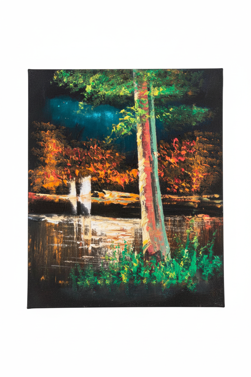 Autumn riverside lush vibrant night canvas art on white background product photo