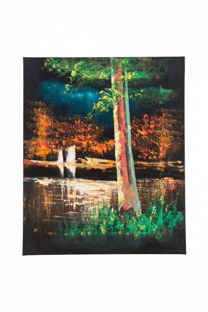 Autumn riverside lush vibrant night canvas art on white background product photo