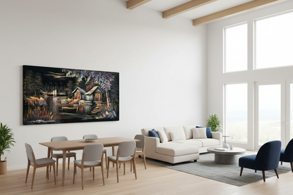 Lakeside cabin night scene canvas wall art displayed in open dining and sitting area
