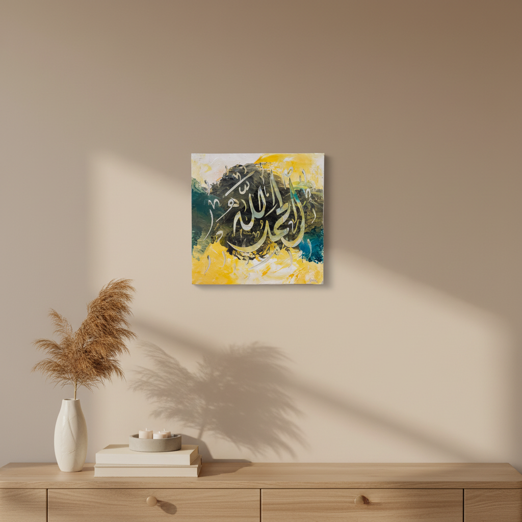 Alhamdulillah teal yellow calligraphy canvas displayed above a wooden console stand in a modern interior