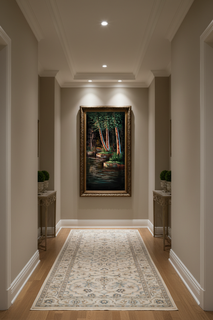 Forest pond painting displayed in elegant hallway interior