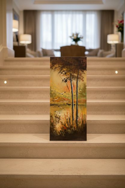 Original oil painting leaning against elegant stone stairs in a warm interior setting, no frame