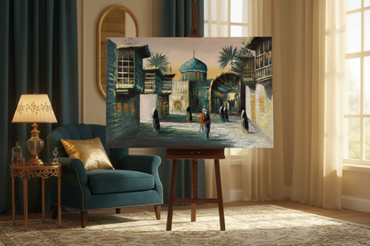 Original Middle East old city street oil painting on a wooden easel stand in a warm sophisticated teal and gold living room, unframed canvas at correct scale