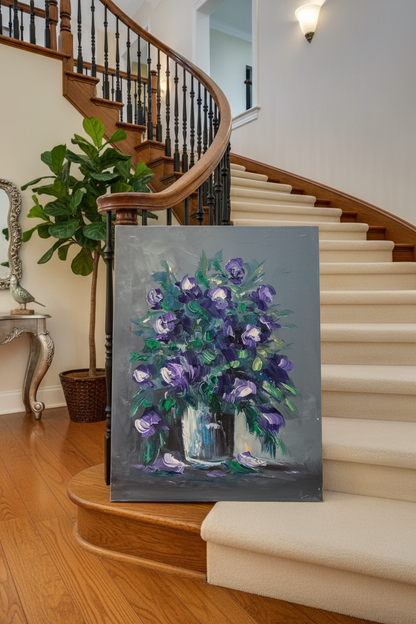 Purple roses bouquet oil painting staged on luxury staircase ledge – no frame