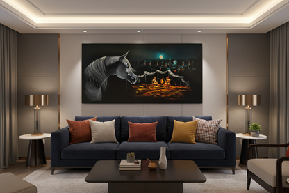Arabian horse desert night scene canvas wall art displayed in modern living room above sofa