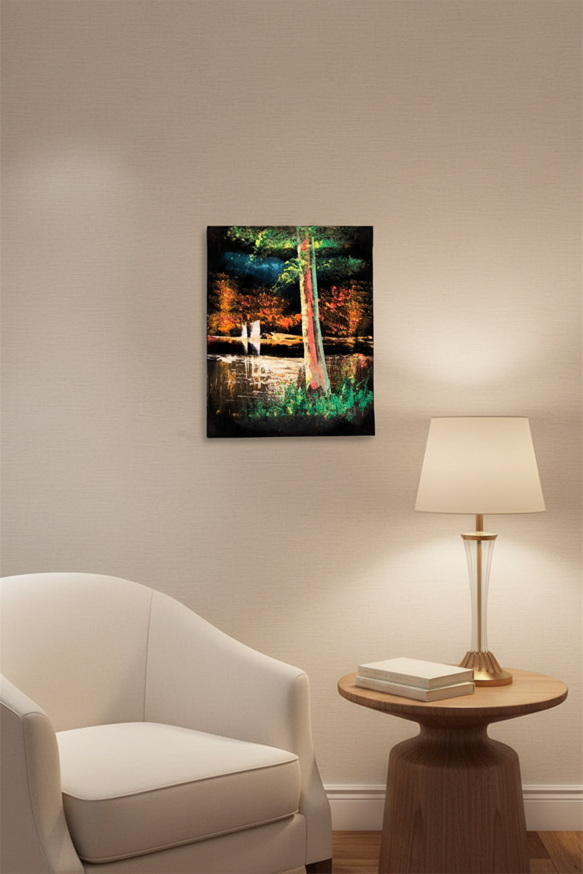 Autumn riverside lush night canvas art displayed in small cozy room lifestyle photo