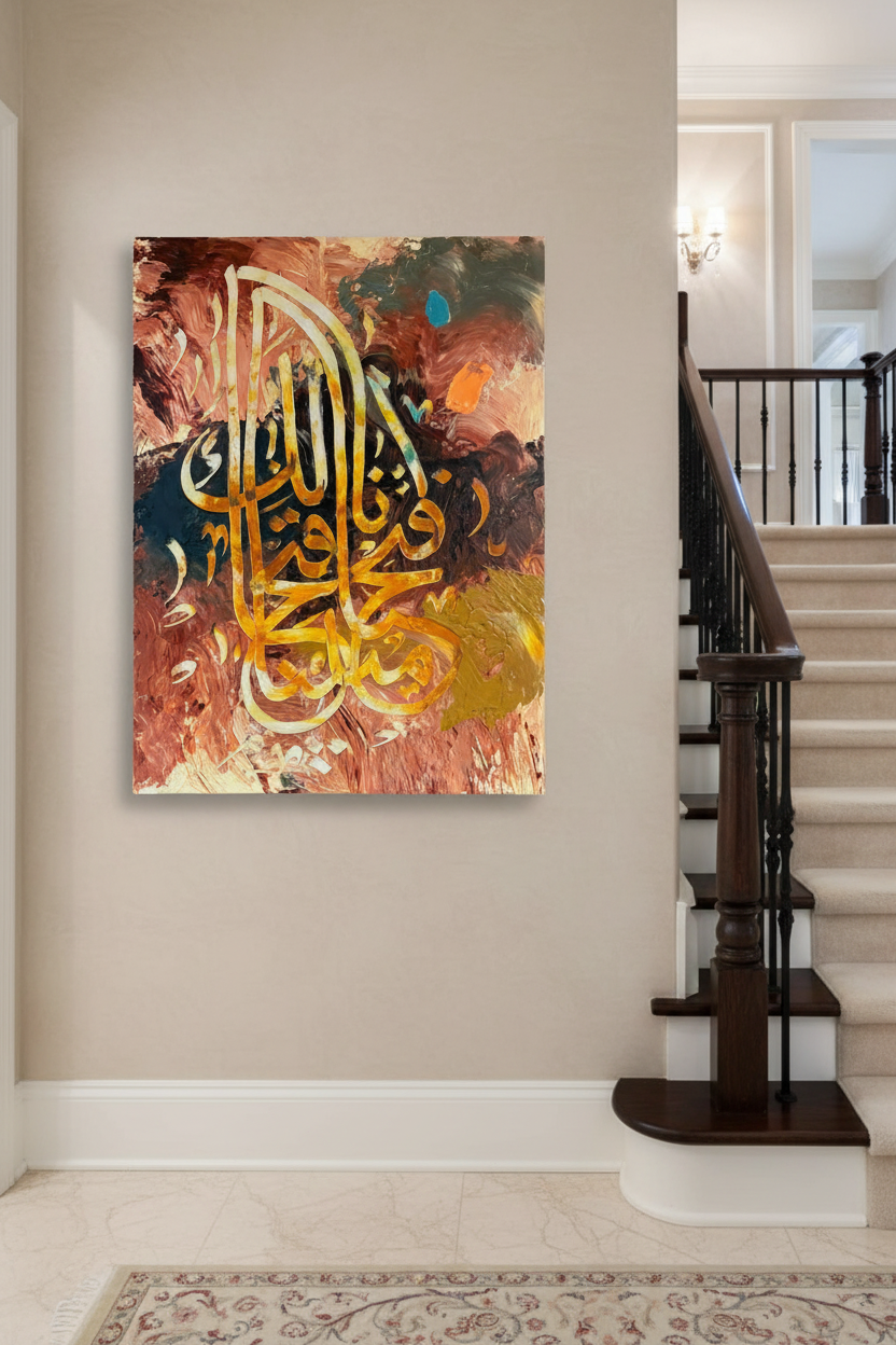 Rabbana Atina gold Arabic calligraphy canvas art hanging on a wall beside an elegant staircase, portrait 3:4 ratio, no frame gallery wrap