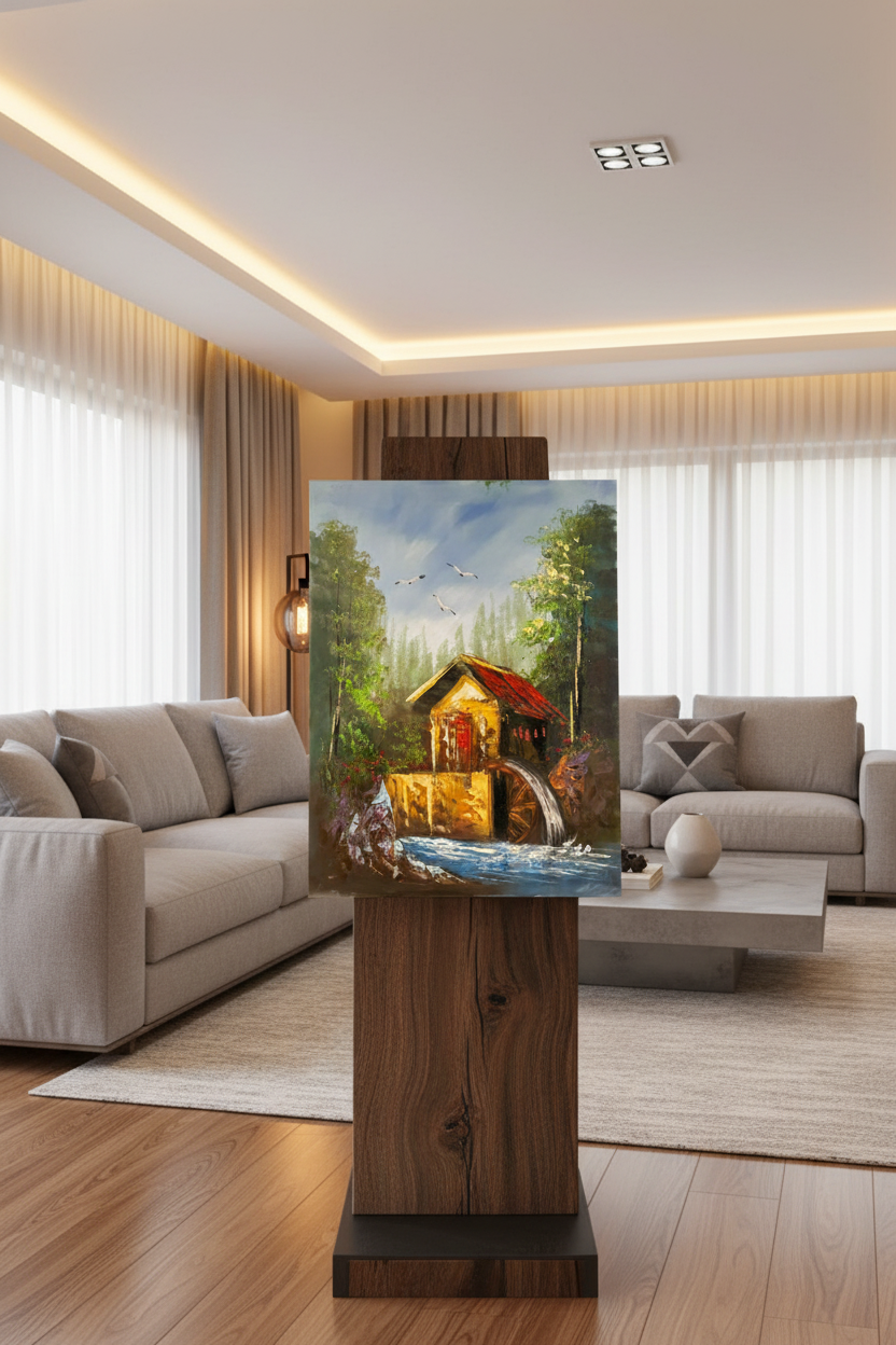 Golden watermill cottage oil painting on wooden art stand in modern living room – no frame