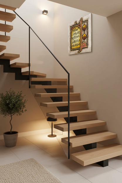 Surah Al-Falaq calligraphy canvas mounted on staircase wall in modern home interior
