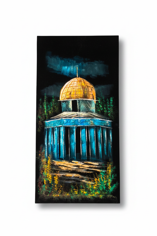 Dome of the Rock in Teal original oil painting on white background with natural shadow