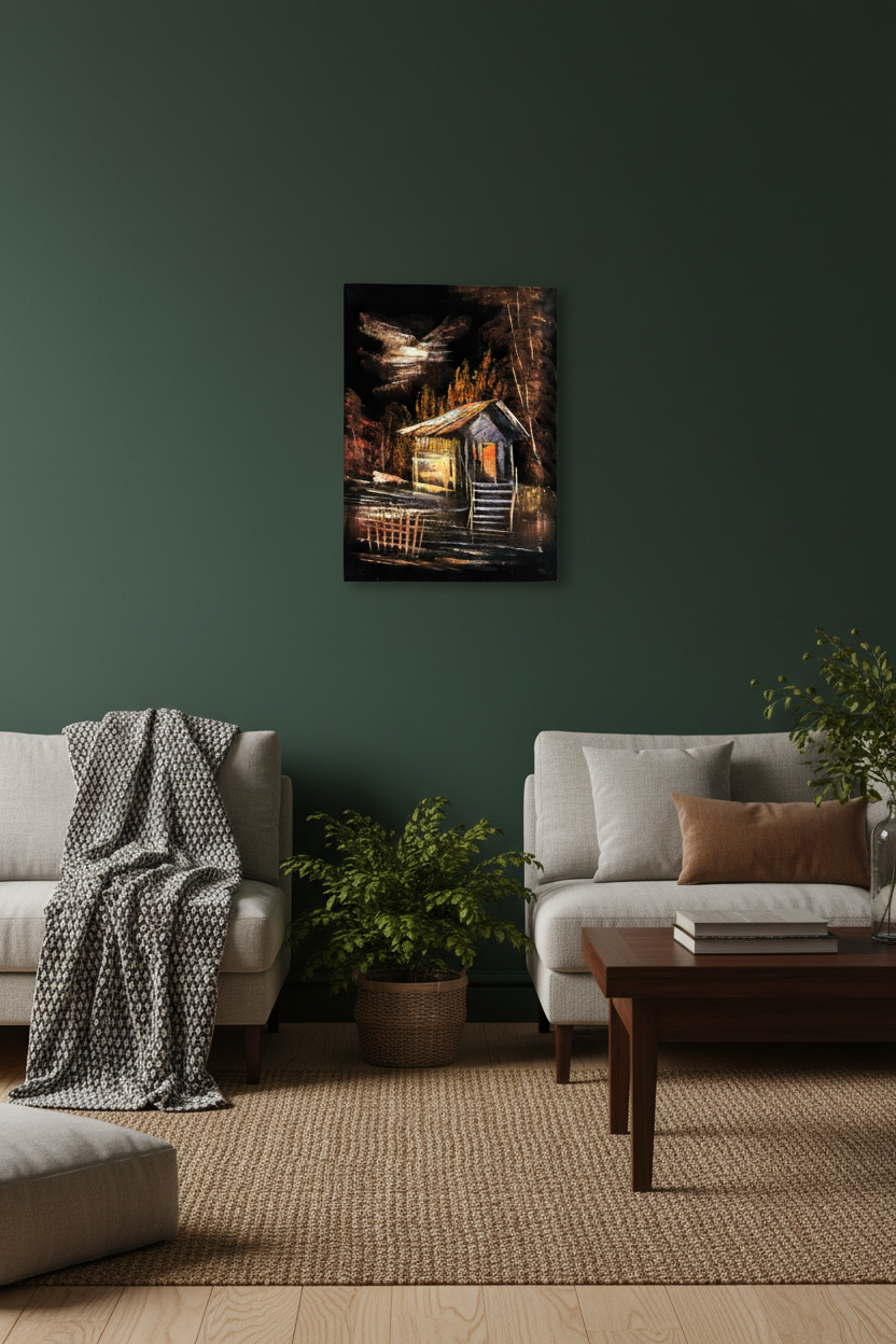 Rustic woodland cabin night canvas art hung on dark forest green accent wall in nature inspired living room lifestyle photo