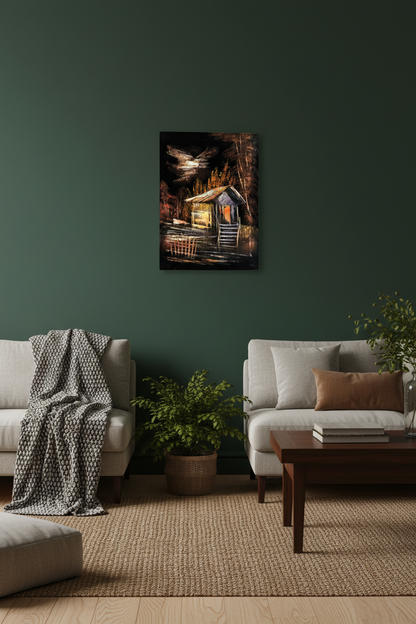 Rustic woodland cabin night canvas art hung on dark forest green accent wall in nature inspired living room lifestyle photo