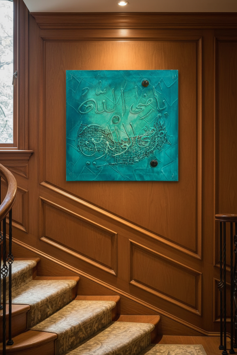 Islamic calligraphy Ya Baqi Allah teal wall art displayed on staircase wall