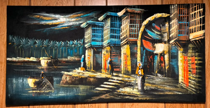 Iraqi Riverside at Night — Original Oil Painting on Canvas | 23.62" × 11.81"