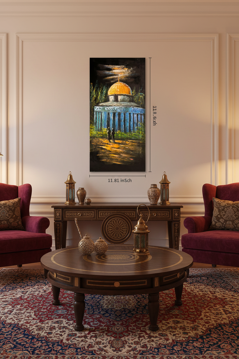 Original Dome of the Rock painting displayed unframed on an ivory wall in a Middle Eastern-inspired living room