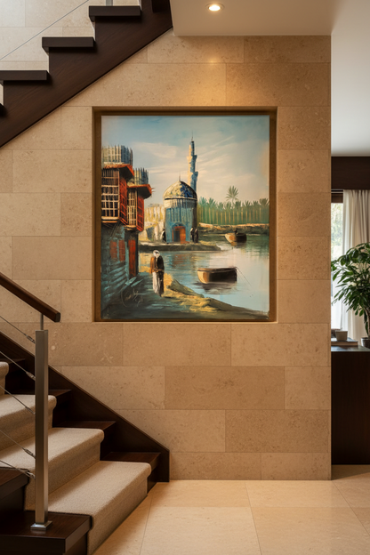 Riverside mosque oil painting hung on luxury home staircase wall, no frame, lifestyle interior display