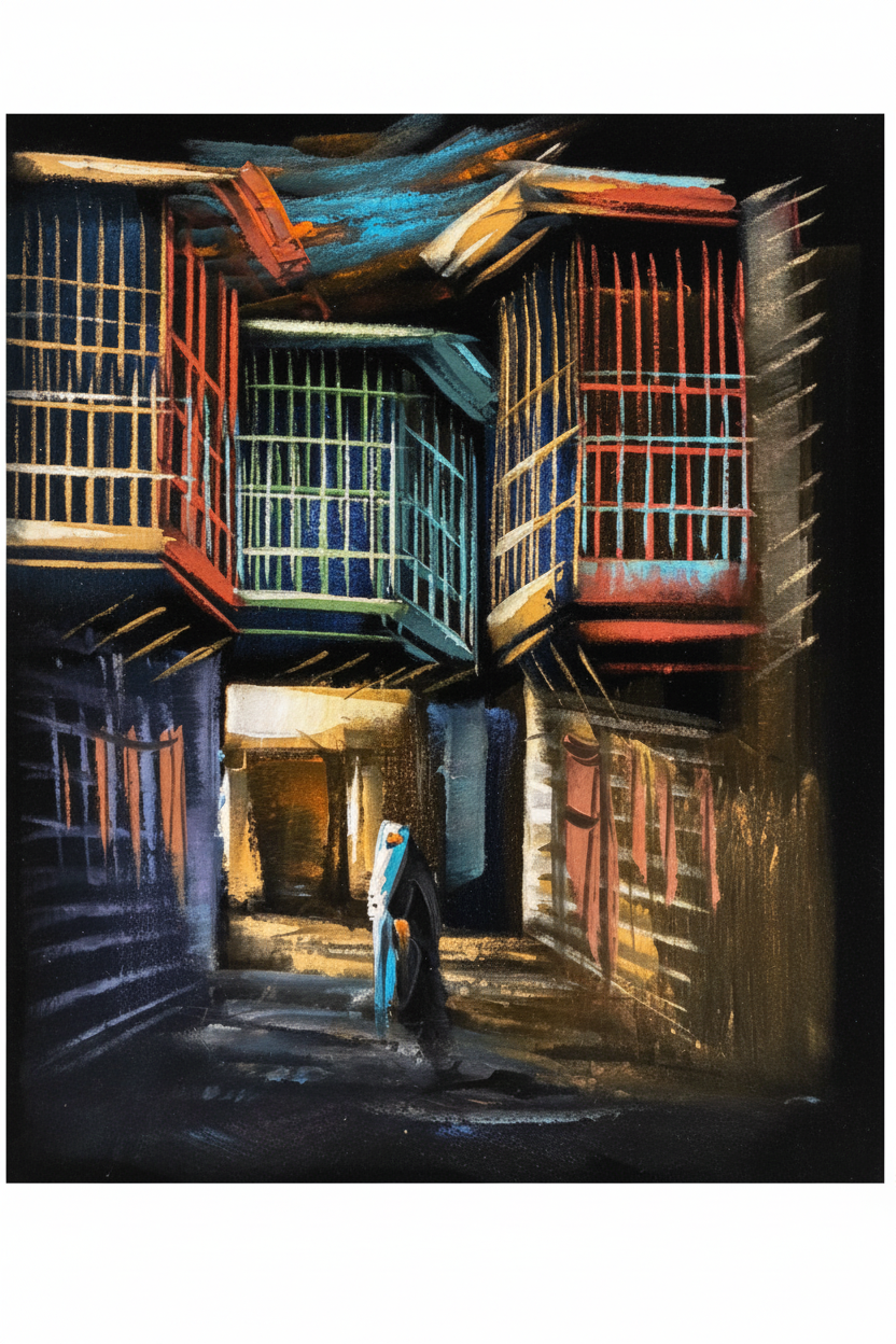 Arabian old city alley at night fine art canvas on white background product photo
