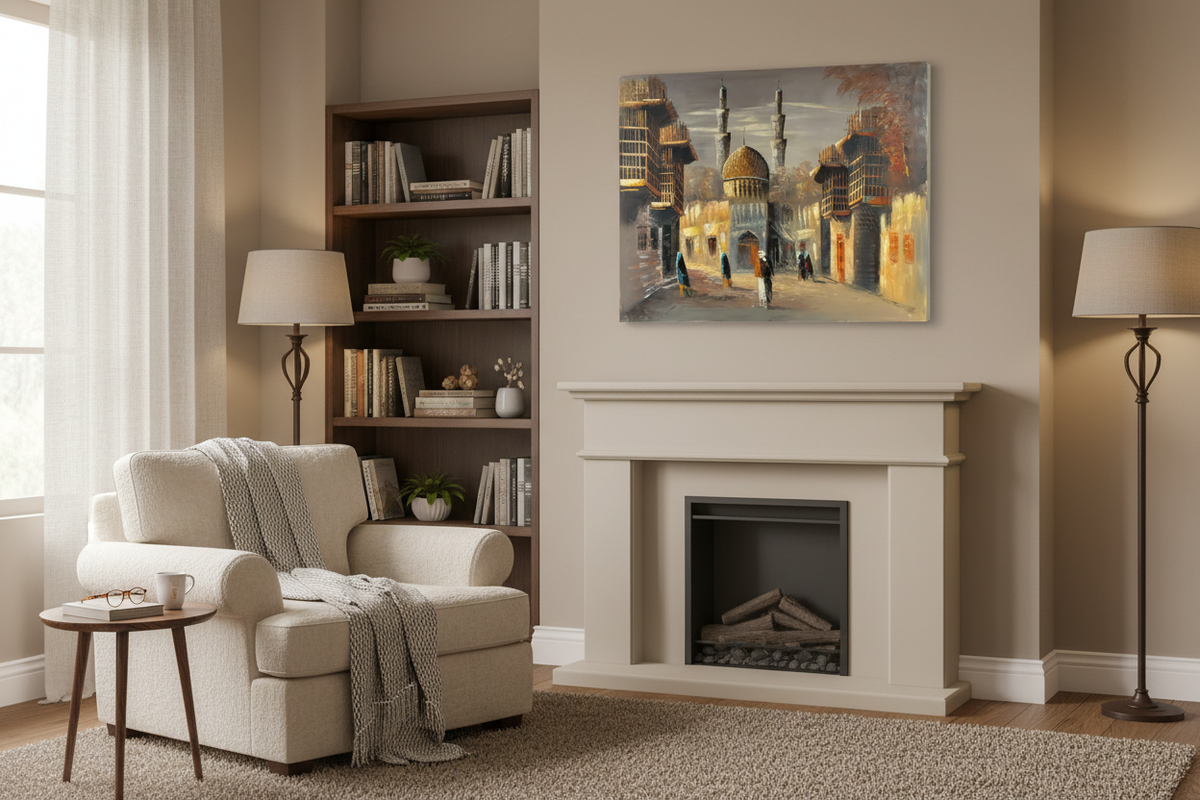 Original Middle Eastern golden dome mosque street oil painting displayed in a cozy sitting and reading room — frameless wall art
