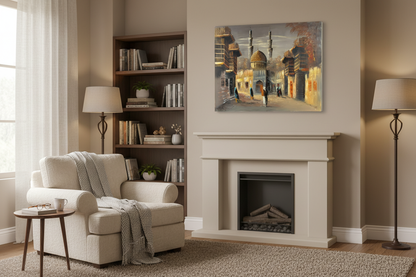 Original Middle Eastern golden dome mosque street oil painting displayed in a cozy sitting and reading room — frameless wall art