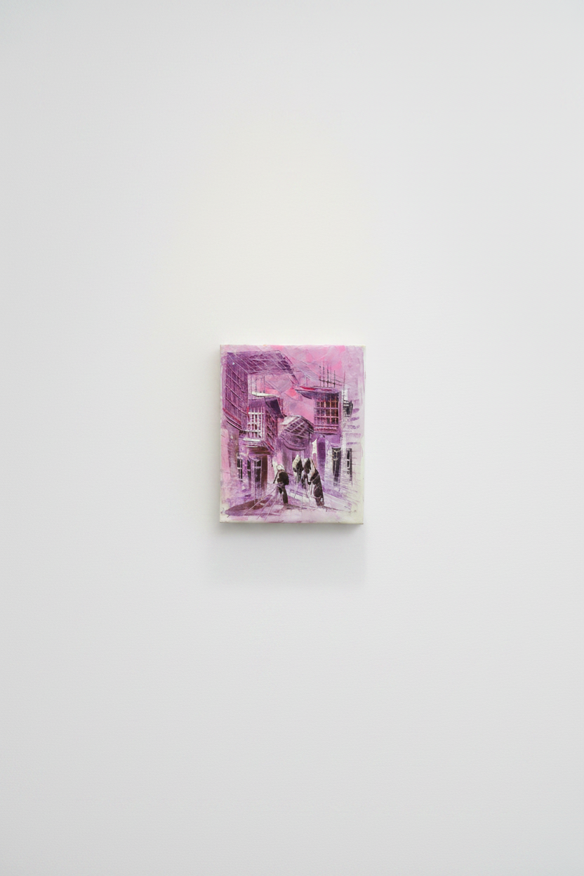 Original purple old city shanasheel impasto oil painting displayed unframed on clean empty white wall