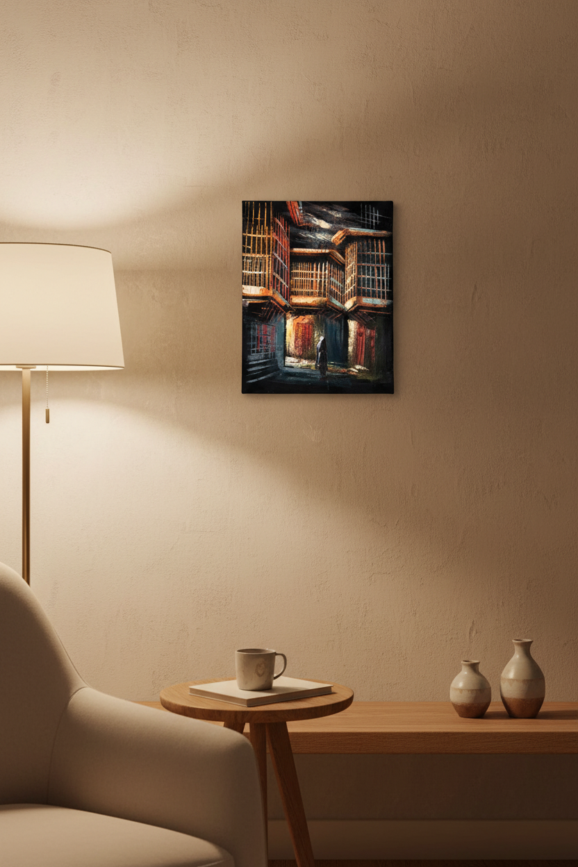 Golden mashrabiya alleyway night canvas art displayed in small cozy room lifestyle photo