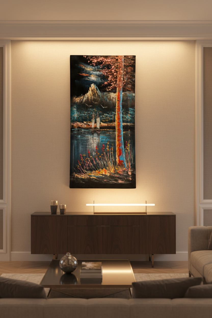 Mountain Lake painting displayed in luxury living room area setting