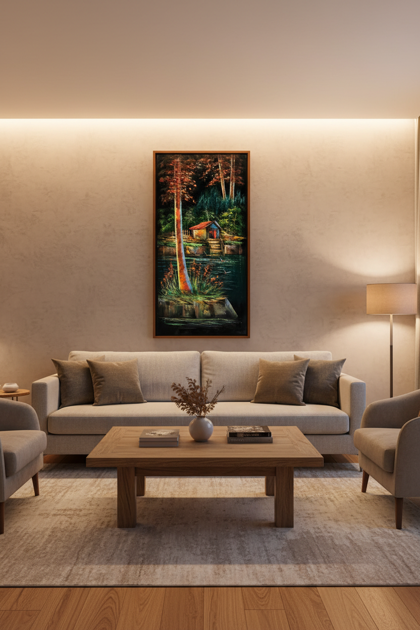 Lakeside cabin painting displayed as statement piece in luxury living room