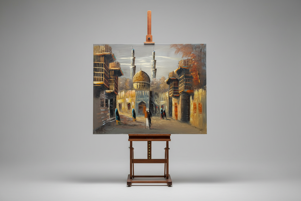 Golden Dome Street original oil painting displayed on a wooden easel art stand — frameless gallery presentation