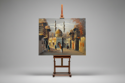 Golden Dome Street original oil painting displayed on a wooden easel art stand — frameless gallery presentation