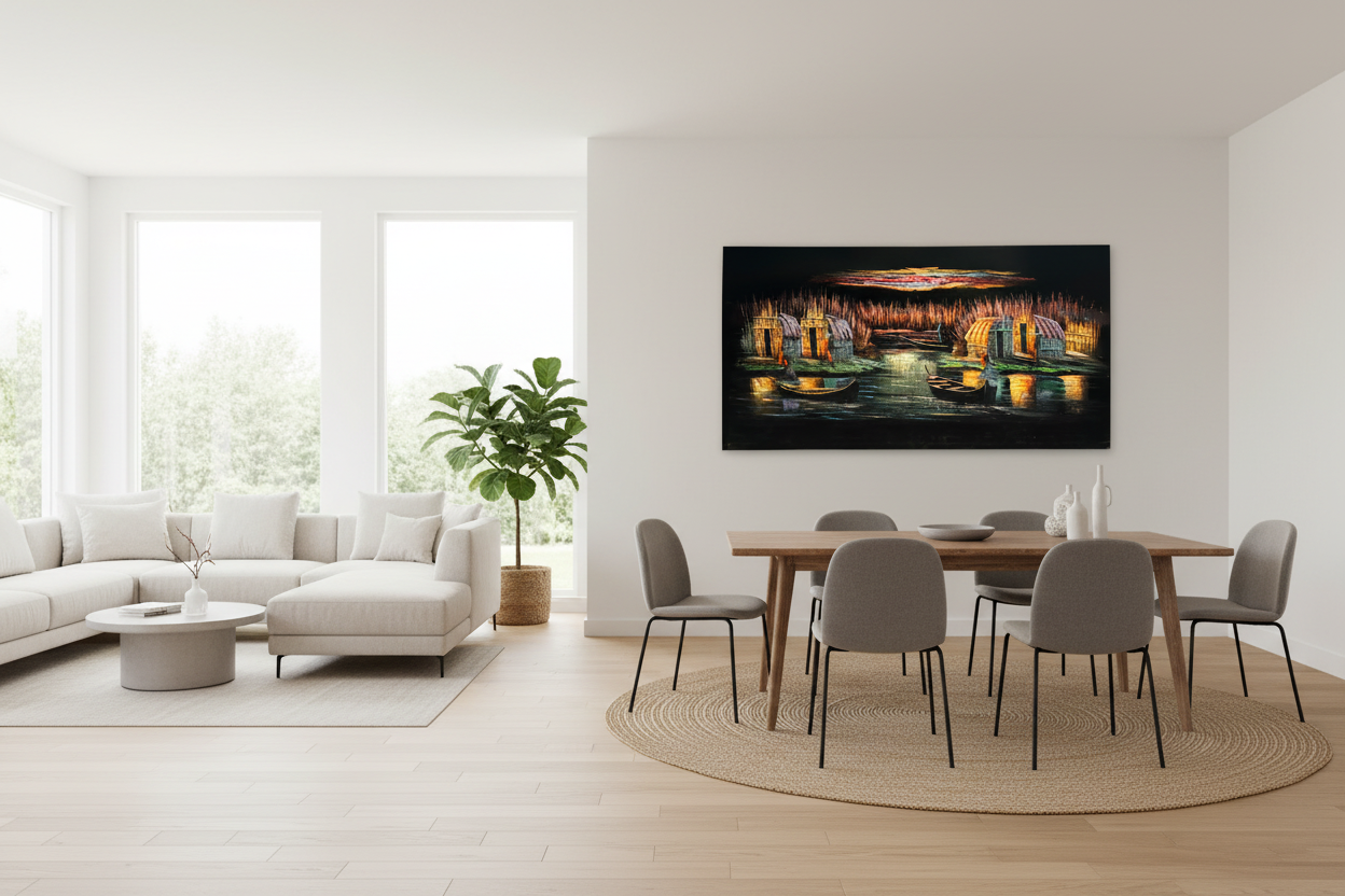 Iraqi marshland fishing village scene canvas wall art displayed in open dining and sitting area