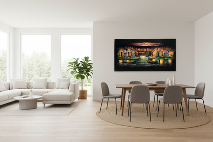 Iraqi marshland fishing village scene canvas wall art displayed in open dining and sitting area