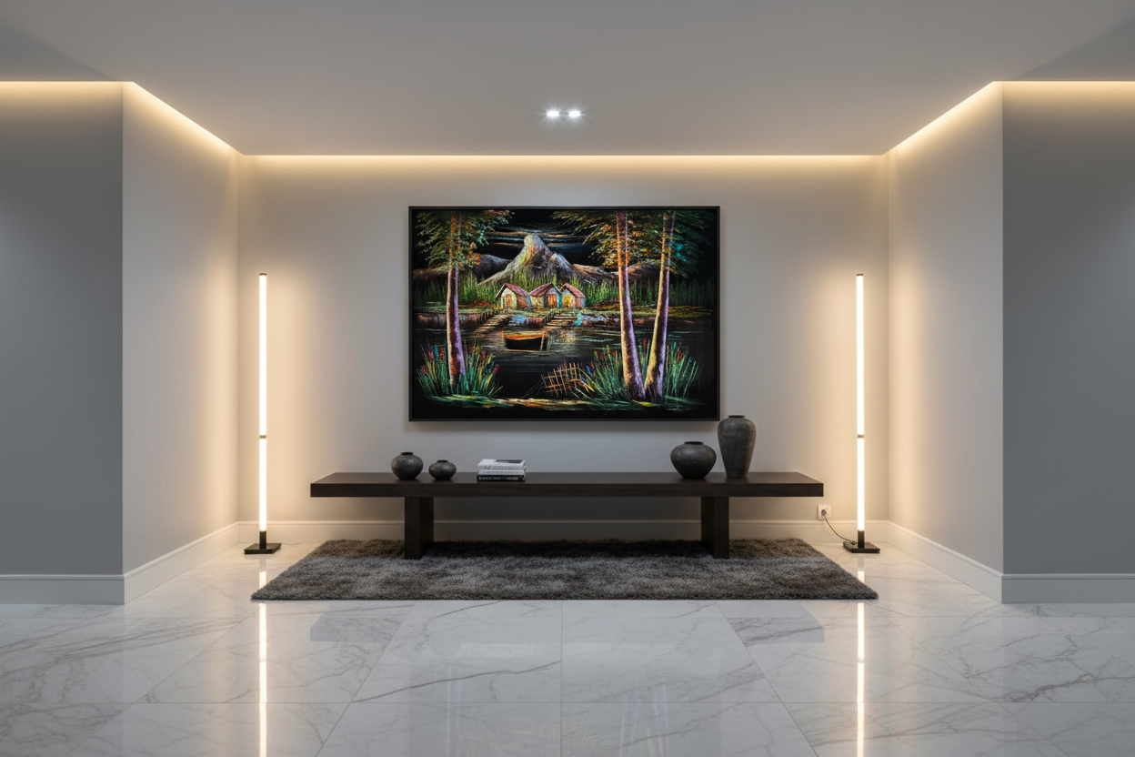 Mountain lake village canvas art in upscale hallway — lifestyle interior mockup