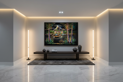 Mountain lake village canvas art in upscale hallway — lifestyle interior mockup