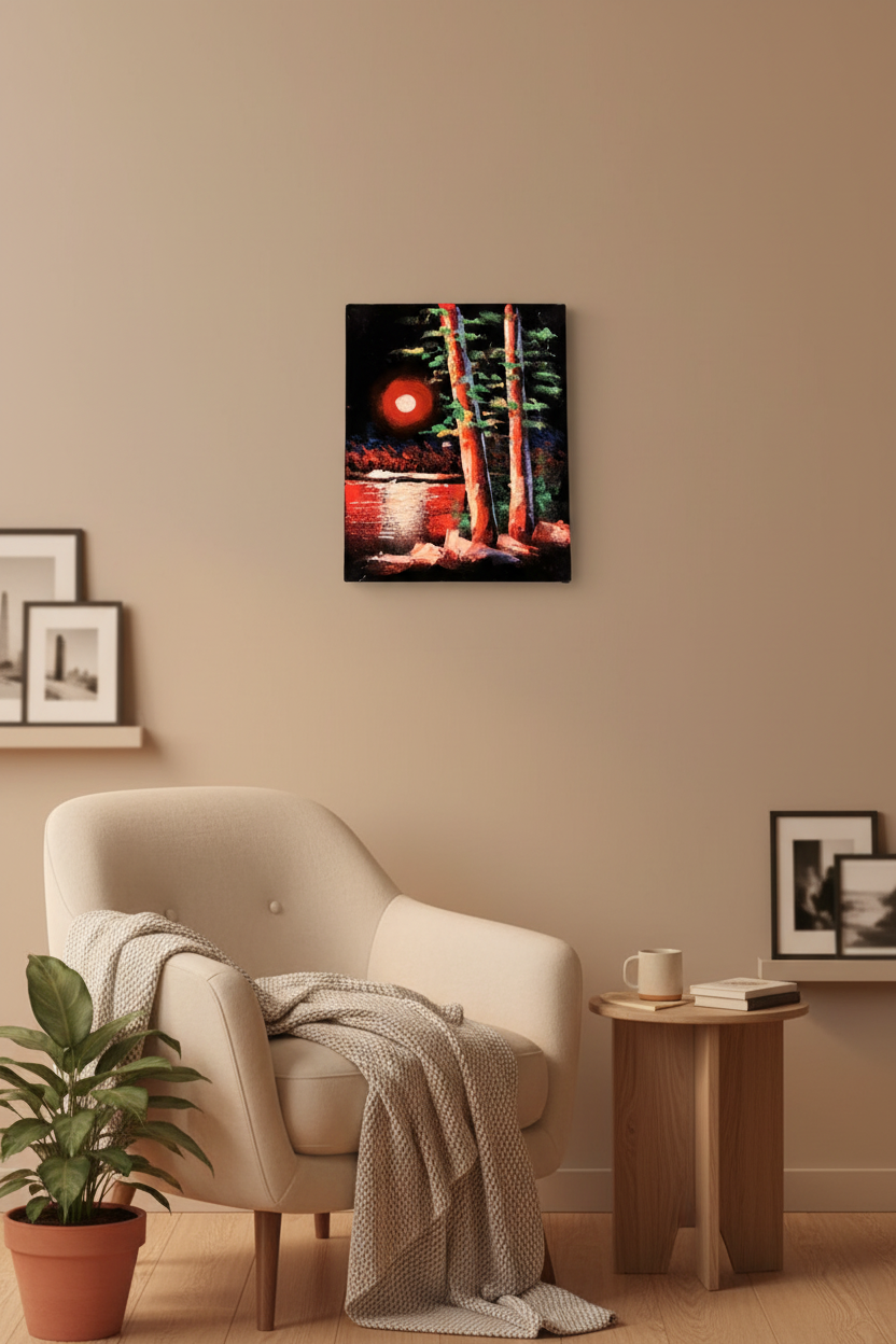 Blood moon forest night canvas art displayed in small cozy room lifestyle photo
