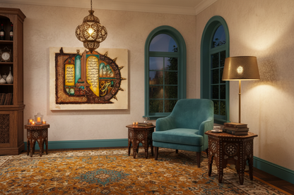 Islamic illuminated manuscript art displayed frameless in sophisticated dining area