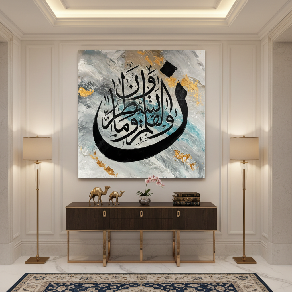 Frameless square Arabic calligraphy canvas art displayed in elegant hallway